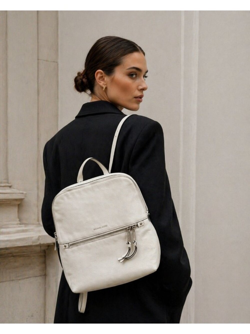 Michael Kors White Leather Backpack Women MK Gold Hardware Medium Travel Work